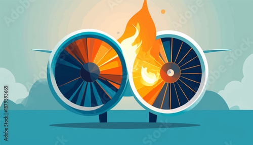 Twin airplane engines, one engulfed in dramatic flames against a muted sky