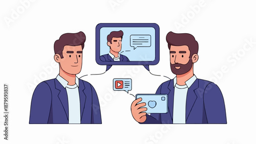 Two men communicate through digital media, showing video content and messages