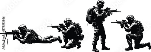 Special forces soldiers silhouette tactical combat positions illustration armed military team aiming shooting stances vector isolated on white background defense design