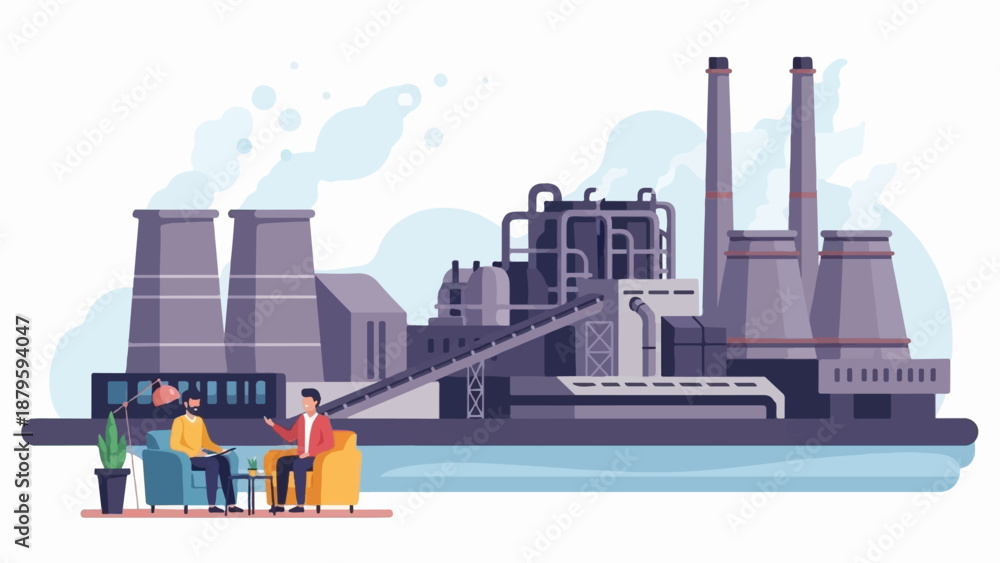 Obraz premium Two men in comfortable seating discuss business in front of a large industrial factory with smokestacks