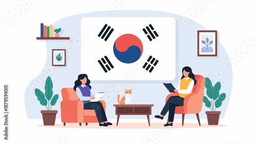 Two women and a cat relax in a room decorated with the South Korean flag and houseplants