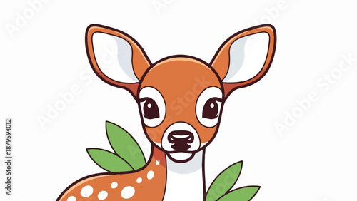 Whimsical cartoon fawn with large ears and bright eyes, surrounded by green leaves