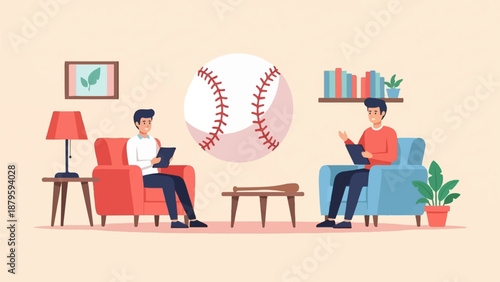 Two men in casual attire sit in armchairs, discussing items in tablets, with baseball elements