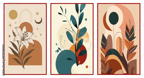 Set of three abstract boho posters with lilies and celestial moon elements. Modern earth tone floral art for aesthetic wall decor.