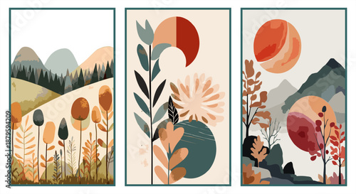 Set of three abstract boho landscape posters with mountains and sun. Modern earth tone illustrations for aesthetic wall art and home decor