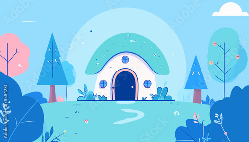 Whimsical cartoon mushroom house nestled amongst trees and foliage