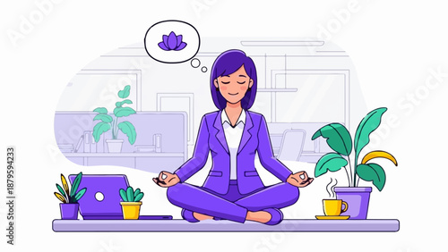 Woman in office meditating with a lotus flower in her thought bubble