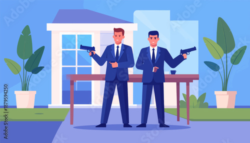 Two men in suits stand alert with guns drawn in front of a building with potted plants