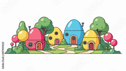 Whimsical cartoon village with colorful egg-shaped homes and playful trees