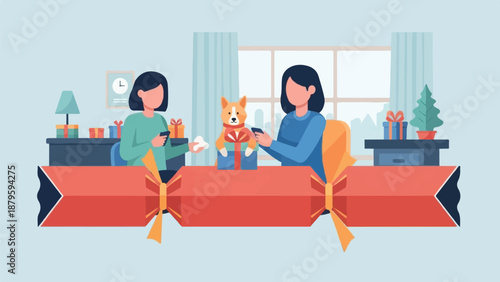 Two women and a corgi dog celebrate indoors with gifts and a Christmas cracker