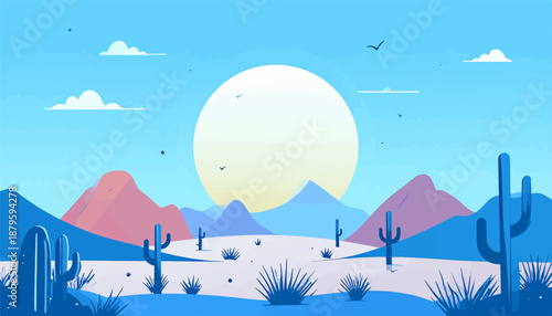 Vast desert landscape with saguaros, arid mountains, and a large sun