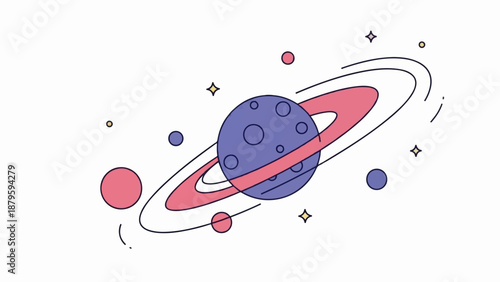 Whimsical cartoon illustration of a ringed planet with smaller celestial bodies and stars