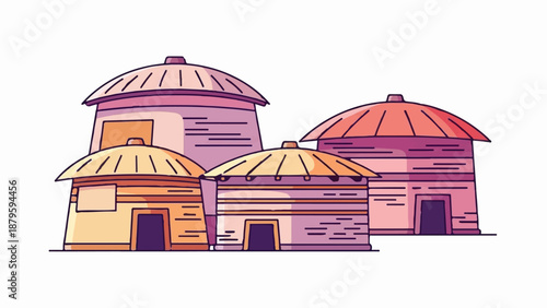 Whimsical cluster of domed huts with thatched roofs