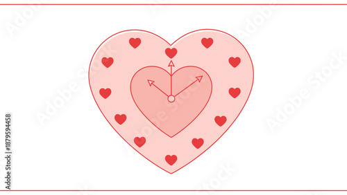 Heart clock with small hearts around, love time concept, pink and red.