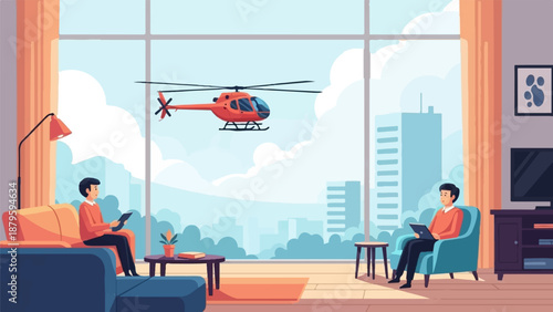 Two men relax indoors while a helicopter flies by the large window overlooking a city