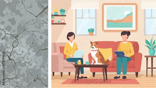 Two women and a dog relax in a cozy living room, using laptops