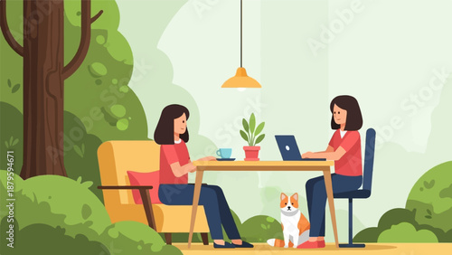 Two women and a dog relax in a lush garden while working on a laptop and enjoying a drink