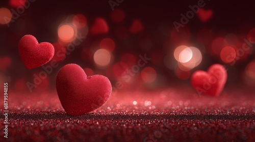 Red hearts on a glittery surface with a blurred background during a celebration or special occasion in the evening