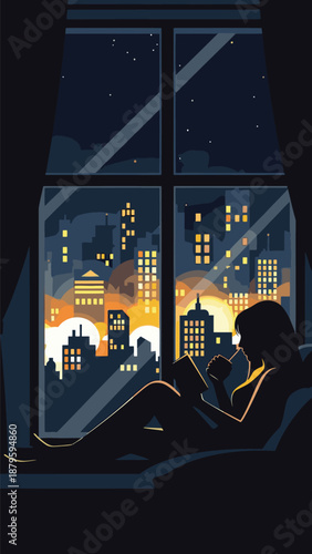 Woman sits by a window gazing out at a vibrant cityscape during a serene sunset