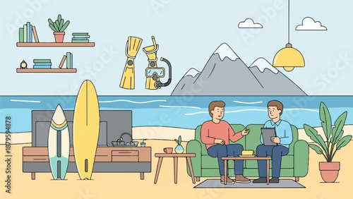 Two men sit on a couch discussing something on a tablet by the beach