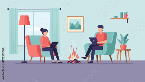 Two people sit in comfortable chairs by a fireplace, each engrossed in their laptops