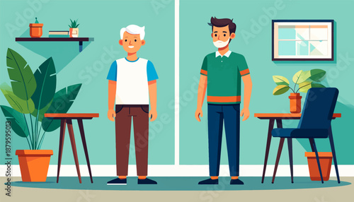 Two men stand in a modern room with plants, furniture, and a framed picture