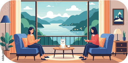 Two women and a dog relax indoors, with a serene lake and mountain vista visible through a large window
