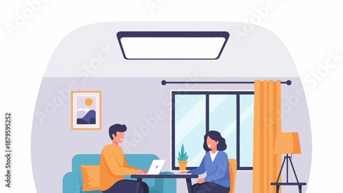 Two people sit indoors at a table, one with a laptop, in a room with a sofa, window, lamp