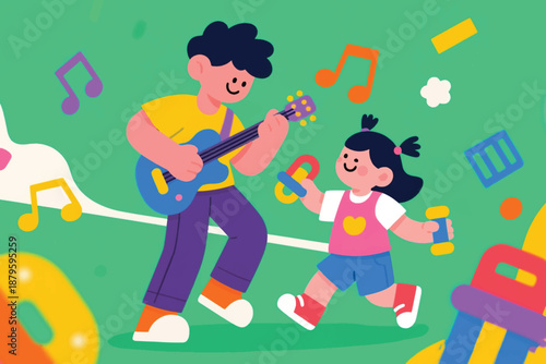 Illustration Of A Boy Playing Guitar Accompanied By His Younger Sister Who Is Singing Vector Design Template