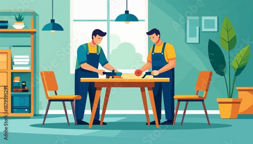 Two men working on a table with tools in a brightly lit room with plants and shelves