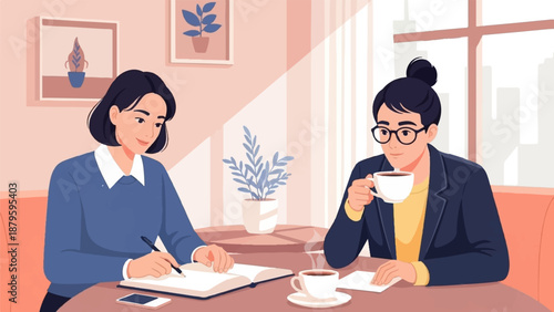 Two women collaborate at a table, one writing, the other sipping coffee amidst a modern interior