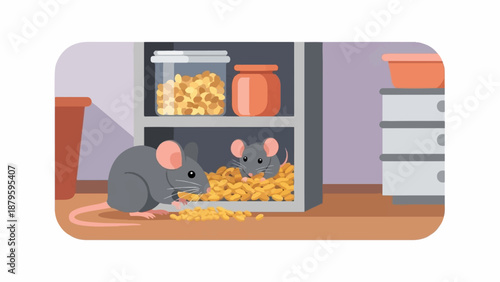 Two mice foraging for food in a storage area with jars and containers
