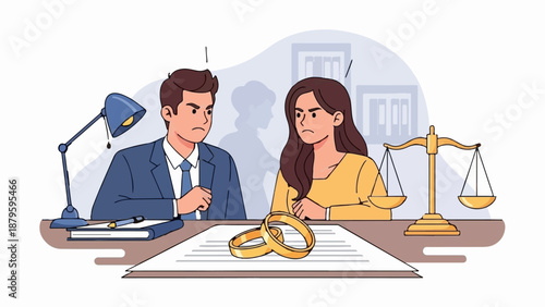 Two angry people, a lawyer and a client, sit at a table with divorce papers