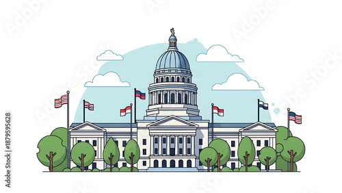 Government building with flags and trees on a sunny day with blue sky and clouds.Only Illustration