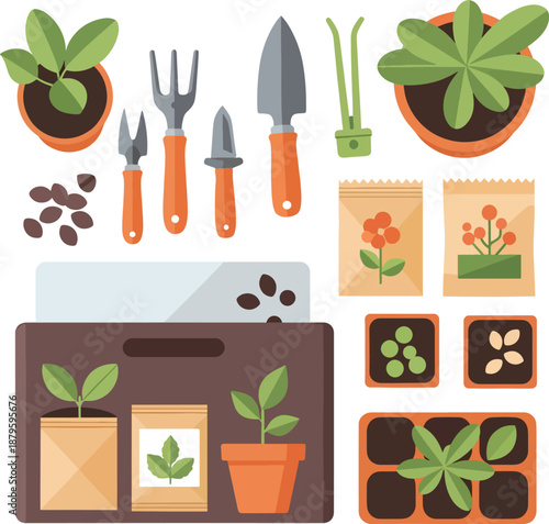 Gardening tools and plants.