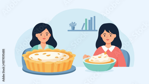 Two women happily share pie and dessert in a cozy, brightly lit room with a shelf and plant