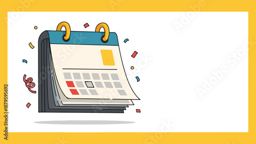 Illustration of a colorful calendar with confetti and a yellow border on a white background.