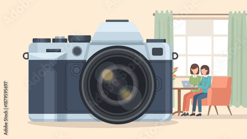 Two women collaborate on a laptop in a room with a large camera