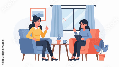 Two women in an argument, sitting in armchairs, indoors, with a window in the background