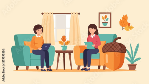 Two women in an autumnal setting, one working on a laptop, the other reading