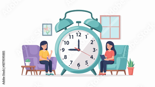 Two women in armchairs by a large alarm clock in a room