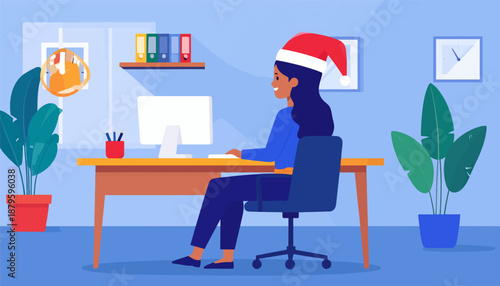 Woman in Santa hat at desk with plants and computer