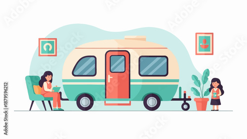 Two figures by a vintage camper van, one reading, the other holding a plant