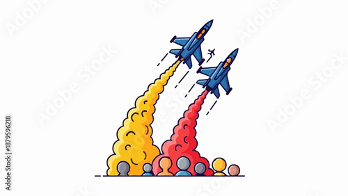 Two fighter jets ascend with colorful smoke trails above an audience