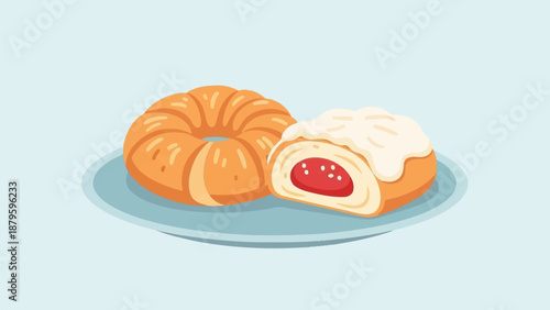 Two baked goods, one round and grooved, the other a pastry with icing and jam filling