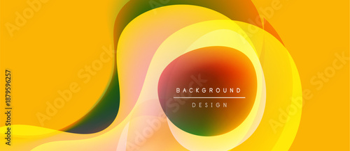 Abstract fluid shapes overlap, creating vibrant yellow background. Modern design features gradient colors, smooth curves. Text reads background design.