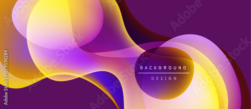 Abstract fluid shapes blend, creating vibrant purple, yellow gradients. Modern design suggests energy, movement, depth. Background features text elements.