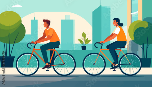 Two people on bicycles enjoy a sunny day in the city with trees and buildings