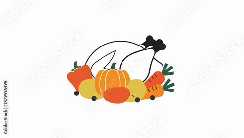 Whimsical illustration of a roasted bird surrounded by festive harvest vegetables