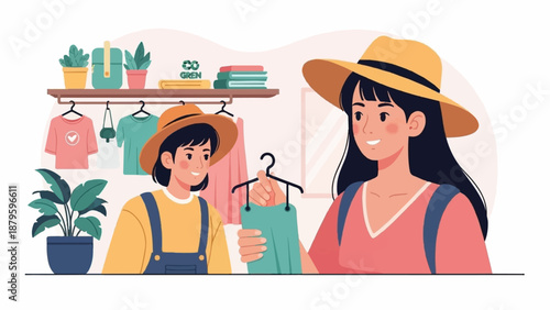 Two women in hats shop for clothes with plants and "Go Green" on shelf